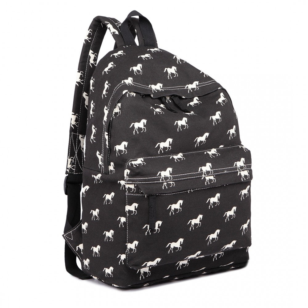 E1401H - MISS LULU HORSE-PRINT COTTON CANVAS SCHOOL BACKPACK - BLACK - The Baggage Shop