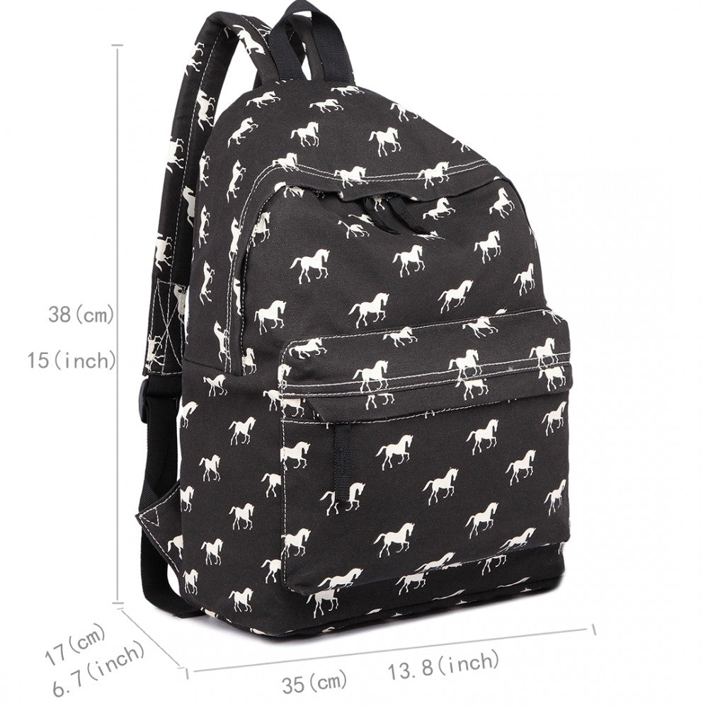 E1401H - MISS LULU HORSE-PRINT COTTON CANVAS SCHOOL BACKPACK - BLACK - The Baggage Shop