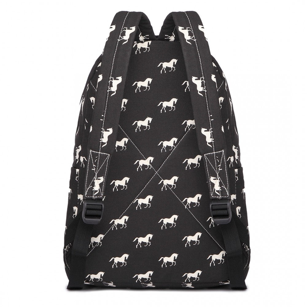 E1401H - MISS LULU HORSE-PRINT COTTON CANVAS SCHOOL BACKPACK - BLACK - The Baggage Shop