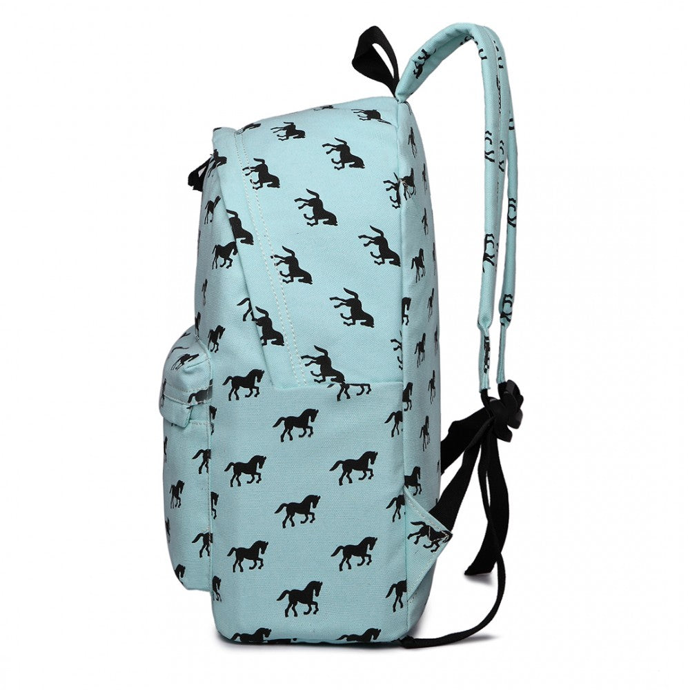 E1401H - MISS LULU HORSE-PRINT COTTON CANVAS SCHOOL BACKPACK - BLUE - The Baggage Shop