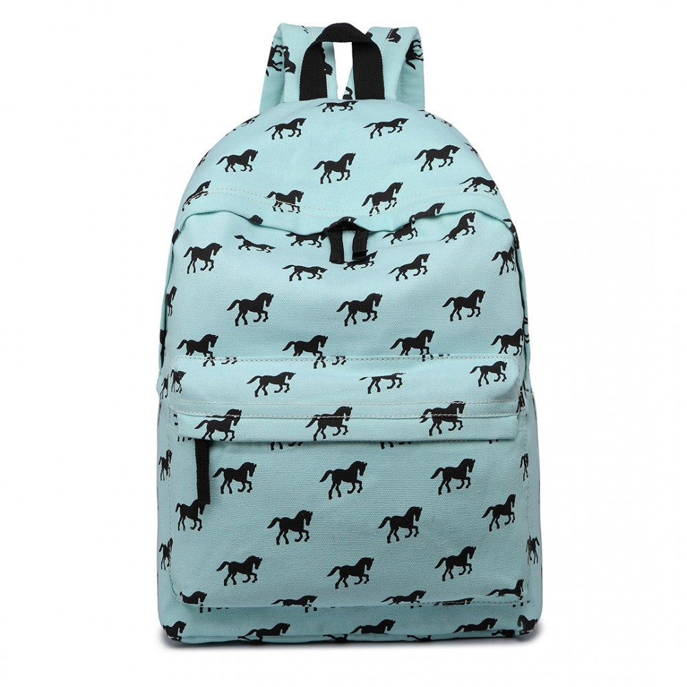 E1401H - MISS LULU HORSE-PRINT COTTON CANVAS SCHOOL BACKPACK - BLUE - The Baggage Shop