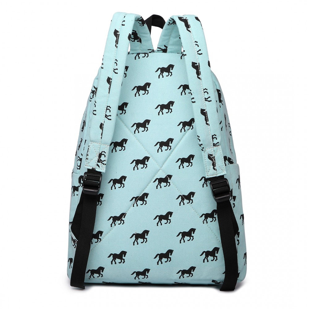 E1401H - MISS LULU HORSE-PRINT COTTON CANVAS SCHOOL BACKPACK - BLUE - The Baggage Shop