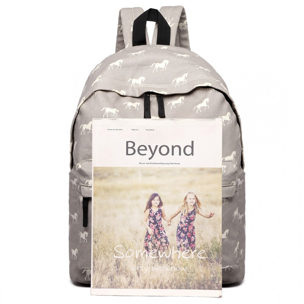 E1401H - MISS LULU HORSE-PRINT COTTON CANVAS SCHOOL BACKPACK - GREY - The Baggage Shop