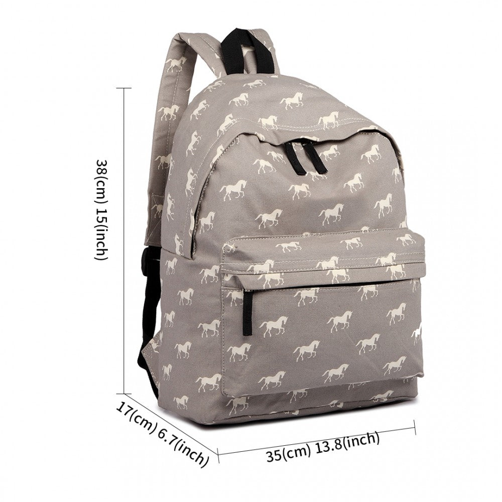 E1401H - MISS LULU HORSE-PRINT COTTON CANVAS SCHOOL BACKPACK - GREY - The Baggage Shop