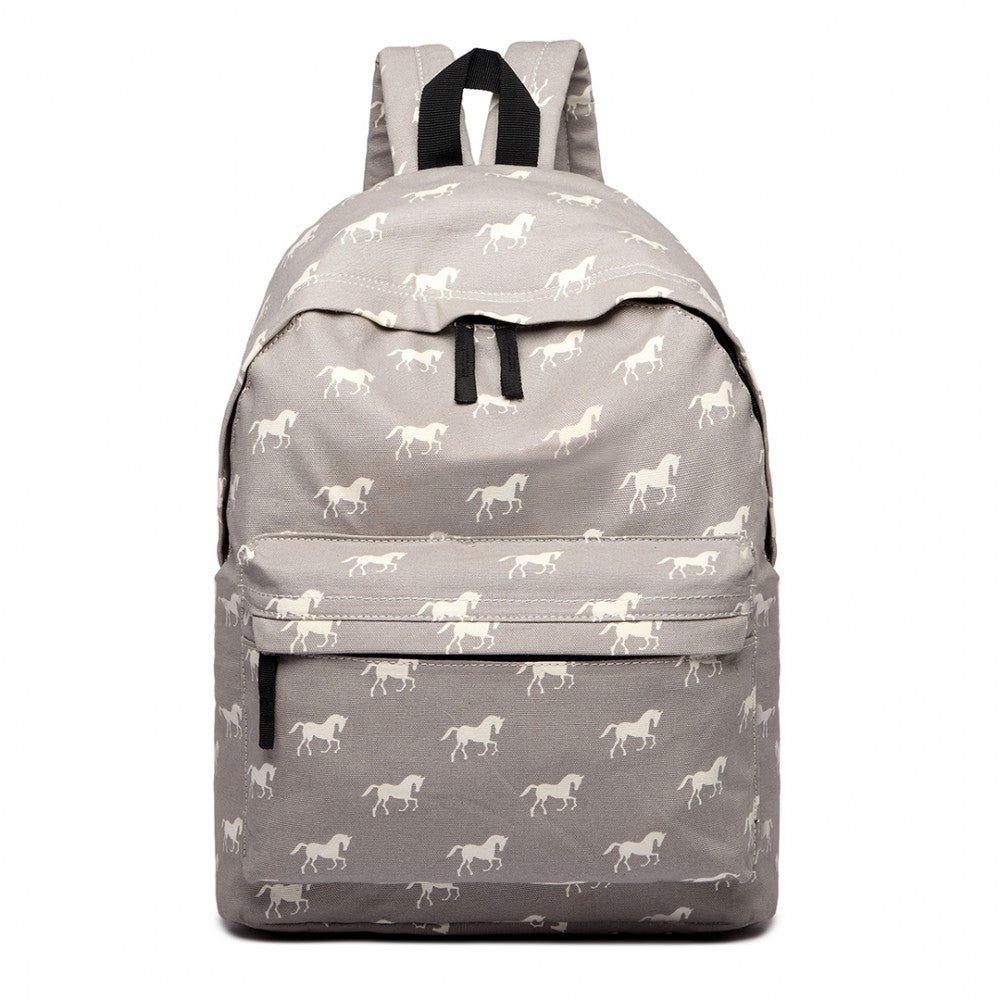 E1401H - MISS LULU HORSE-PRINT COTTON CANVAS SCHOOL BACKPACK - GREY - The Baggage Shop