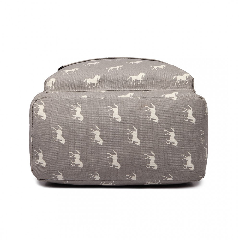 E1401H - MISS LULU HORSE-PRINT COTTON CANVAS SCHOOL BACKPACK - GREY - The Baggage Shop