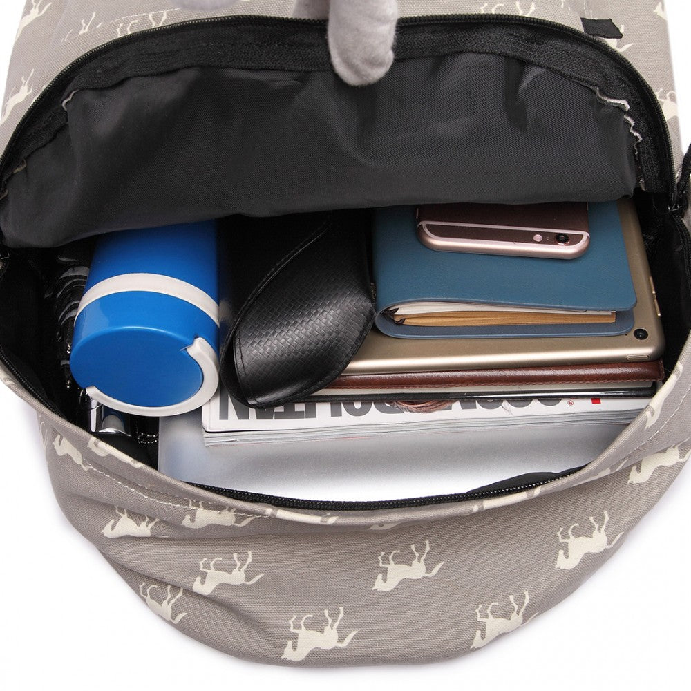 E1401H - MISS LULU HORSE-PRINT COTTON CANVAS SCHOOL BACKPACK - GREY - The Baggage Shop