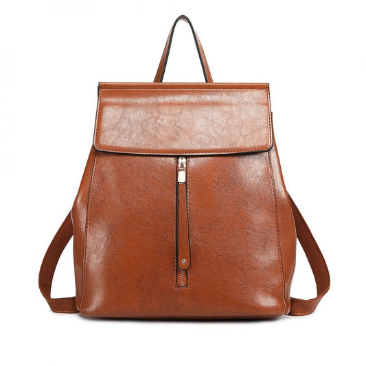 E6833 - MISS LULU VINTAGE OIL-WAX FAUX LEATHER BACKPACK - BROWN - The Baggage Shop