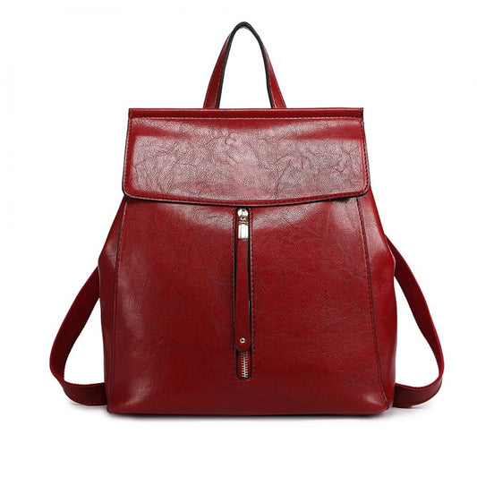 E6833 - MISS LULU VINTAGE OIL-WAX FAUX LEATHER BACKPACK - BURGUNDY - The Baggage Shop