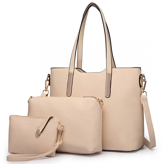 LT6648 - MISS LULU THREE PIECE TOTE SHOULDER BAG AND CLUTCH - BEIGE - The Baggage Shop