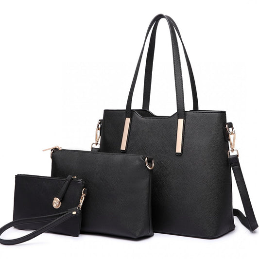 LT6648 - MISS LULU THREE PIECE TOTE SHOULDER BAG AND CLUTCH - BLACK - The Baggage Shop