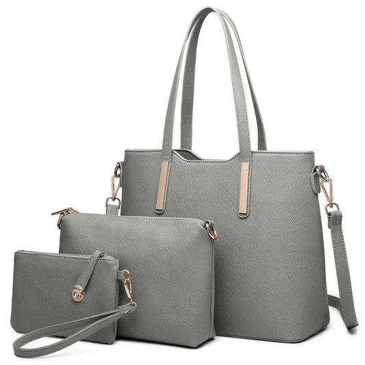 LT6648 - MISS LULU THREE PIECE TOTE SHOULDER BAG AND CLUTCH - DARK GREY - The Baggage Shop