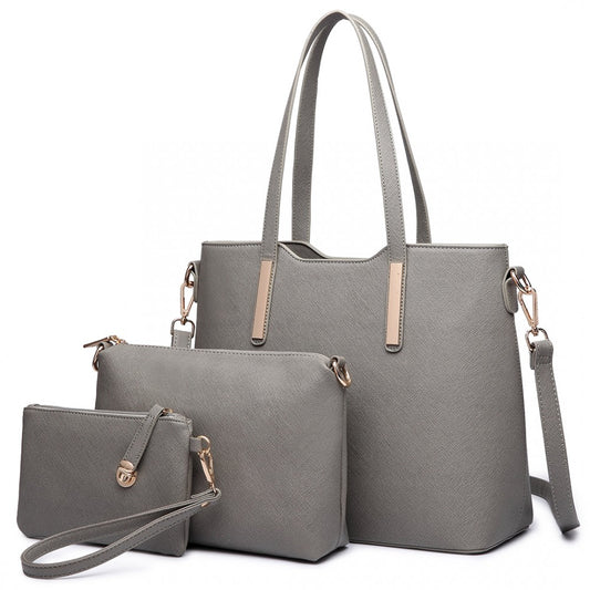 LT6648 - MISS LULU THREE PIECE TOTE SHOULDER BAG AND CLUTCH - GREY - The Baggage Shop