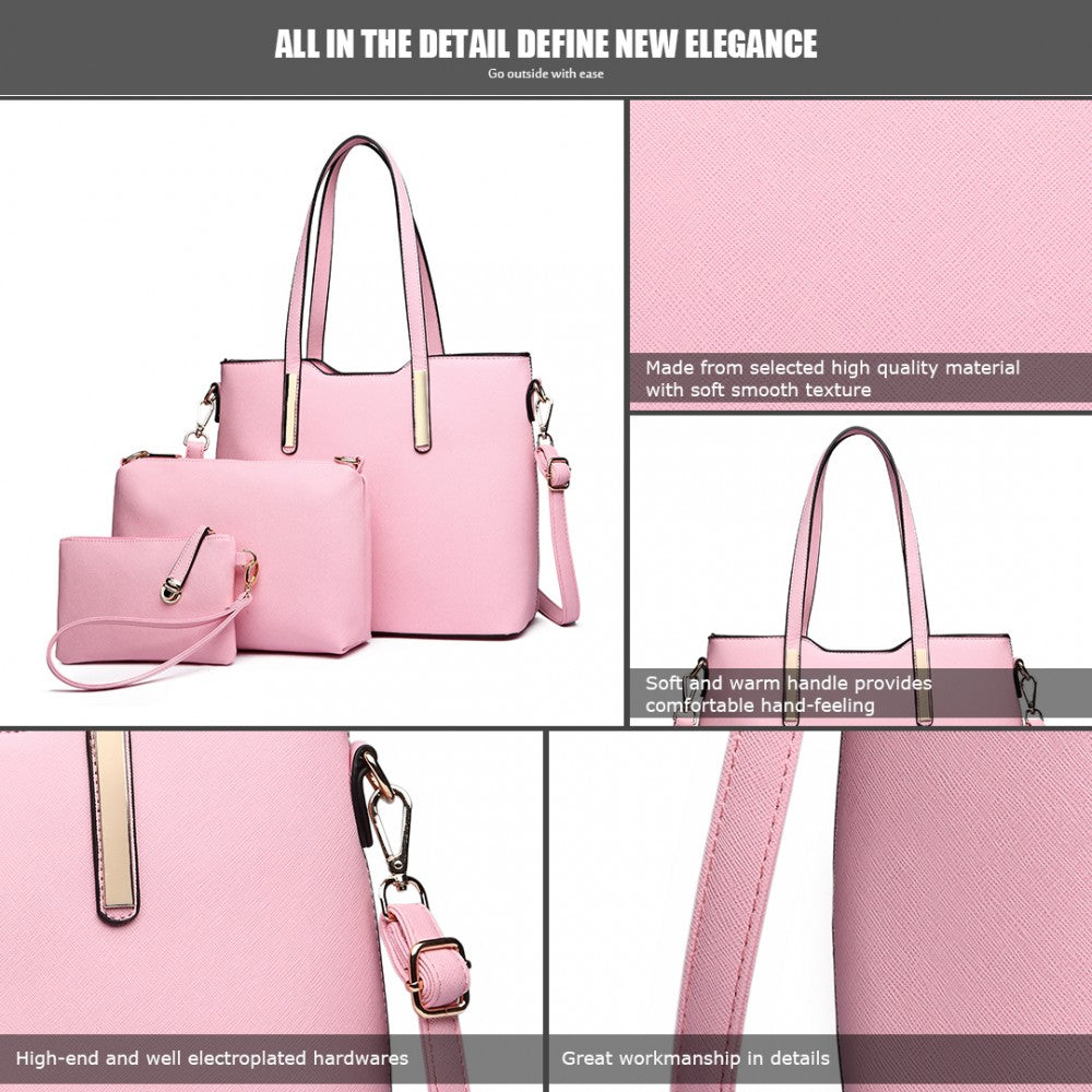 LT6648 - MISS LULU THREE PIECE TOTE SHOULDER BAG AND CLUTCH - LIGHT PINK - The Baggage Shop