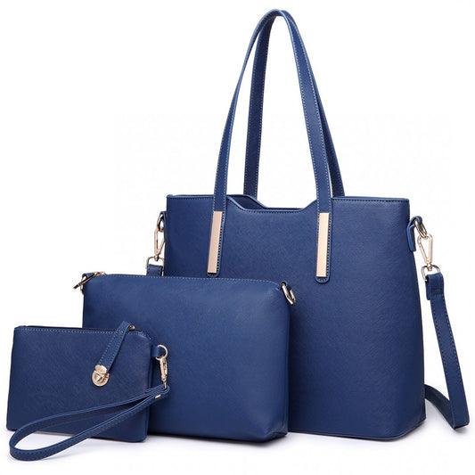 LT6648 - MISS LULU THREE PIECE TOTE SHOULDER BAG AND CLUTCH - NAVY - The Baggage Shop