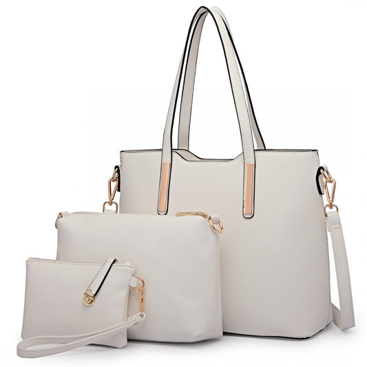 LT6648 - MISS LULU THREE PIECE TOTE SHOULDER BAG AND CLUTCH - WHITE - The Baggage Shop