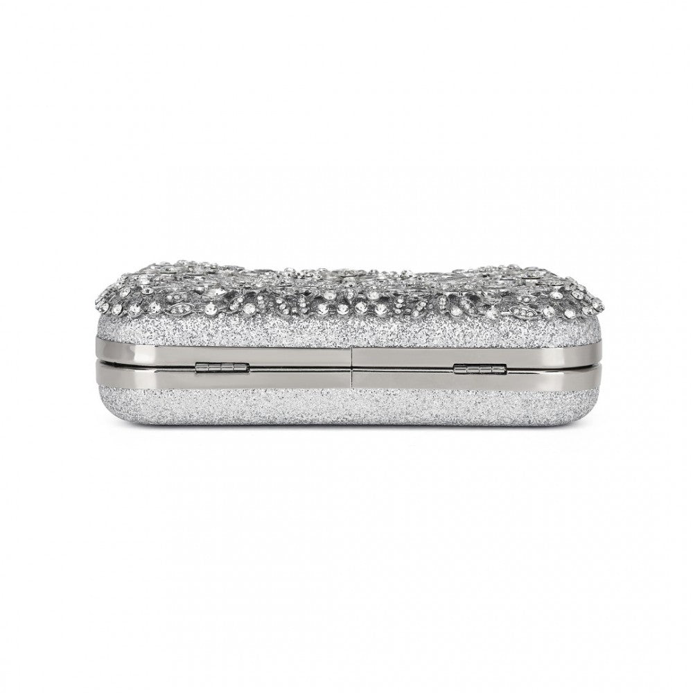 CLS2447 - ELEGANT EVENING CLUTCH BAG WITH RHINESTONE EMBELLISHMENTS DETACHABLE HANDLE AND CHAIN STRAP - SILVER - The Baggage Shop