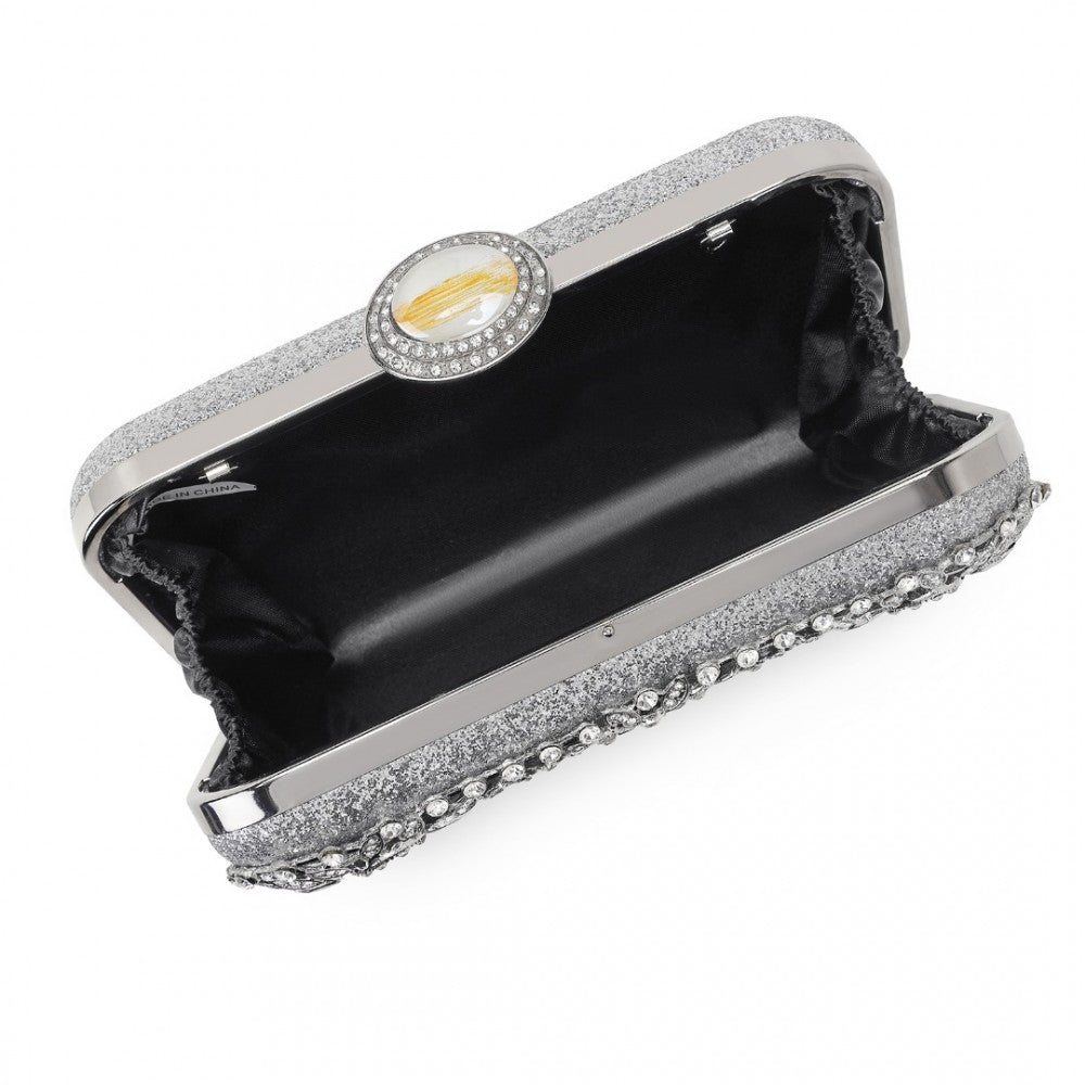 CLS2447 - ELEGANT EVENING CLUTCH BAG WITH RHINESTONE EMBELLISHMENTS DETACHABLE HANDLE AND CHAIN STRAP - SILVER - The Baggage Shop