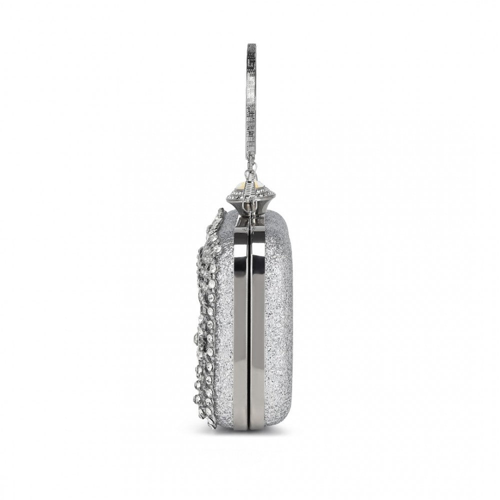 CLS2447 - ELEGANT EVENING CLUTCH BAG WITH RHINESTONE EMBELLISHMENTS DETACHABLE HANDLE AND CHAIN STRAP - SILVER - The Baggage Shop