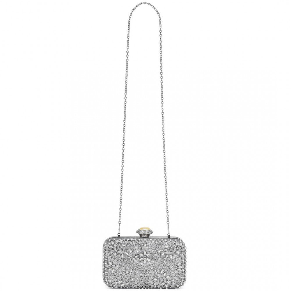 CLS2447 - ELEGANT EVENING CLUTCH BAG WITH RHINESTONE EMBELLISHMENTS DETACHABLE HANDLE AND CHAIN STRAP - SILVER - The Baggage Shop