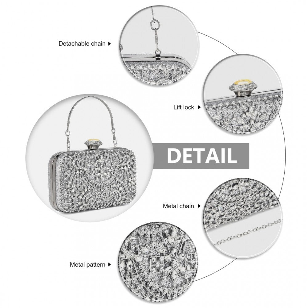CLS2447 - ELEGANT EVENING CLUTCH BAG WITH RHINESTONE EMBELLISHMENTS DETACHABLE HANDLE AND CHAIN STRAP - SILVER - The Baggage Shop