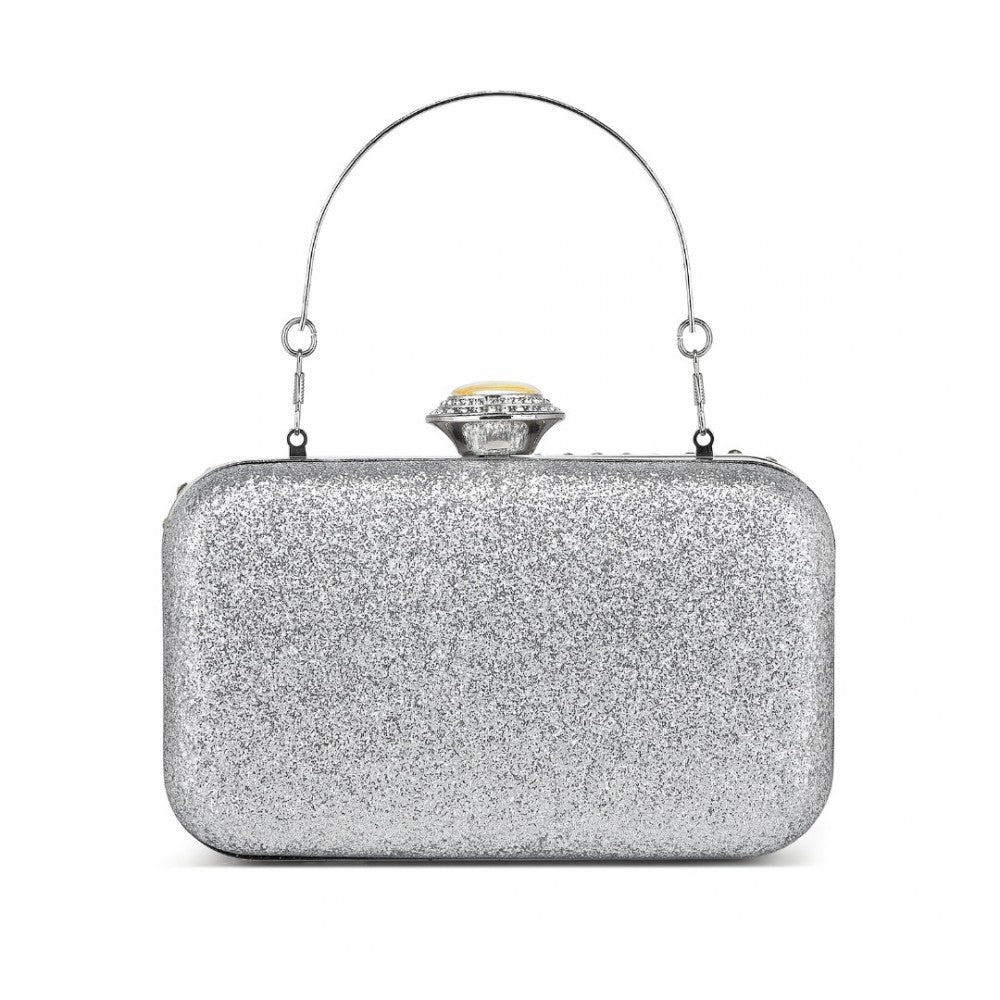 CLS2447 - ELEGANT EVENING CLUTCH BAG WITH RHINESTONE EMBELLISHMENTS DETACHABLE HANDLE AND CHAIN STRAP - SILVER - The Baggage Shop