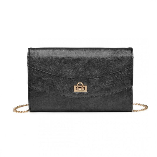 LP2219 - MISS LULU ELEGANT FLAP CLUTCH LEATHER CHAIN EVENING BAG - BLACK - The Baggage Shop