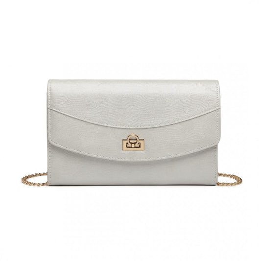 LP2219 - MISS LULU ELEGANT FLAP CLUTCH LEATHER CHAIN EVENING BAG - SILVER - The Baggage Shop