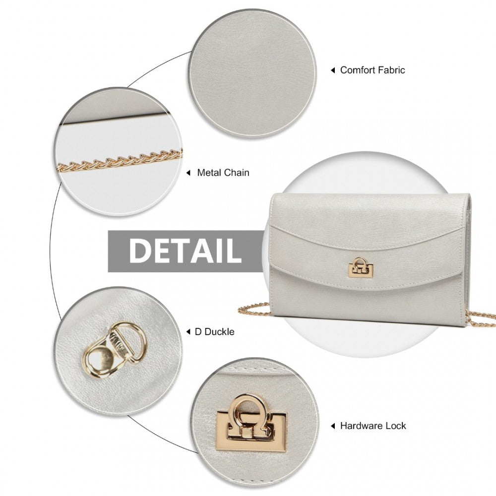 LP2219 - MISS LULU ELEGANT FLAP CLUTCH LEATHER CHAIN EVENING BAG - SILVER - The Baggage Shop