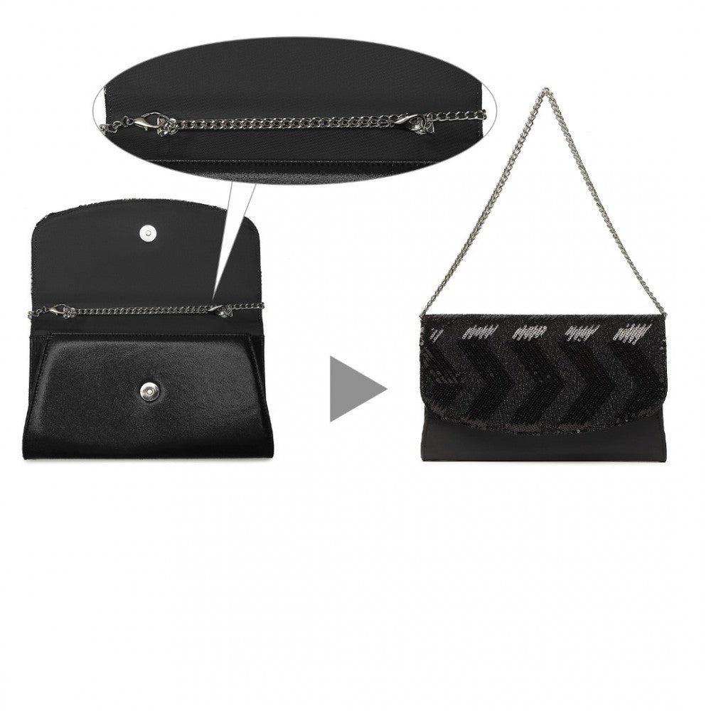 LP2311 - MISS LULU GORGEOUS SEQUINS EVENING CLUTCH BAG CHAIN SHOULDER BAG - BLACK - The Baggage Shop