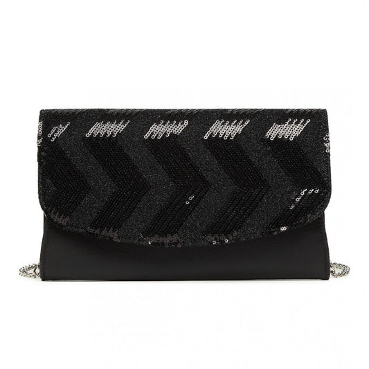 LP2311 - MISS LULU GORGEOUS SEQUINS EVENING CLUTCH BAG CHAIN SHOULDER BAG - BLACK - The Baggage Shop