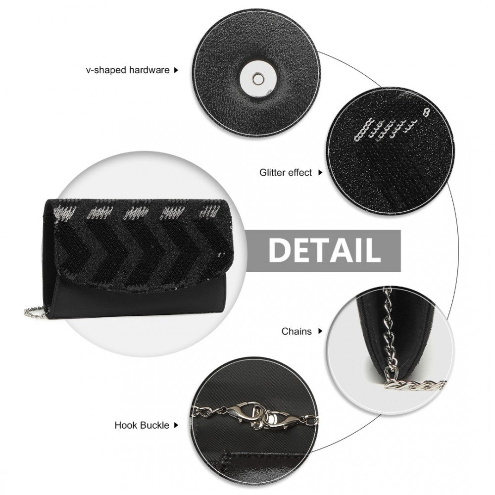 LP2311 - MISS LULU GORGEOUS SEQUINS EVENING CLUTCH BAG CHAIN SHOULDER BAG - BLACK - The Baggage Shop