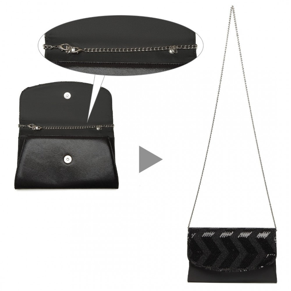 LP2311 - MISS LULU GORGEOUS SEQUINS EVENING CLUTCH BAG CHAIN SHOULDER BAG - BLACK - The Baggage Shop