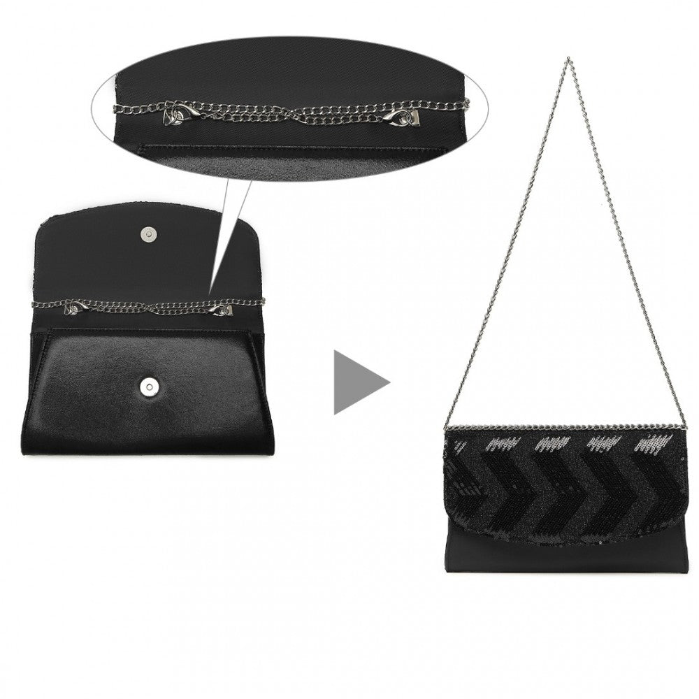 LP2311 - MISS LULU GORGEOUS SEQUINS EVENING CLUTCH BAG CHAIN SHOULDER BAG - BLACK - The Baggage Shop