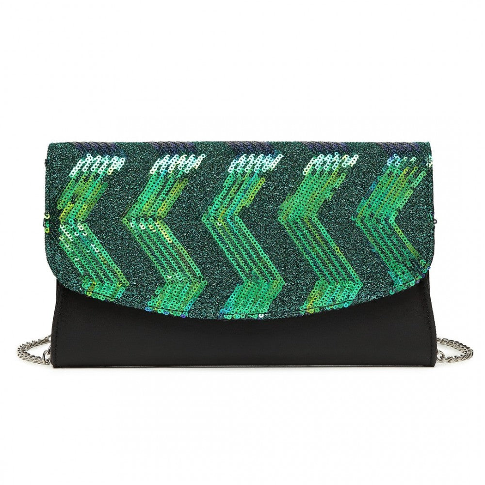 LP2311 - MISS LULU GORGEOUS SEQUINS EVENING CLUTCH BAG CHAIN SHOULDER BAG - BLACK AND GREEN - The Baggage Shop