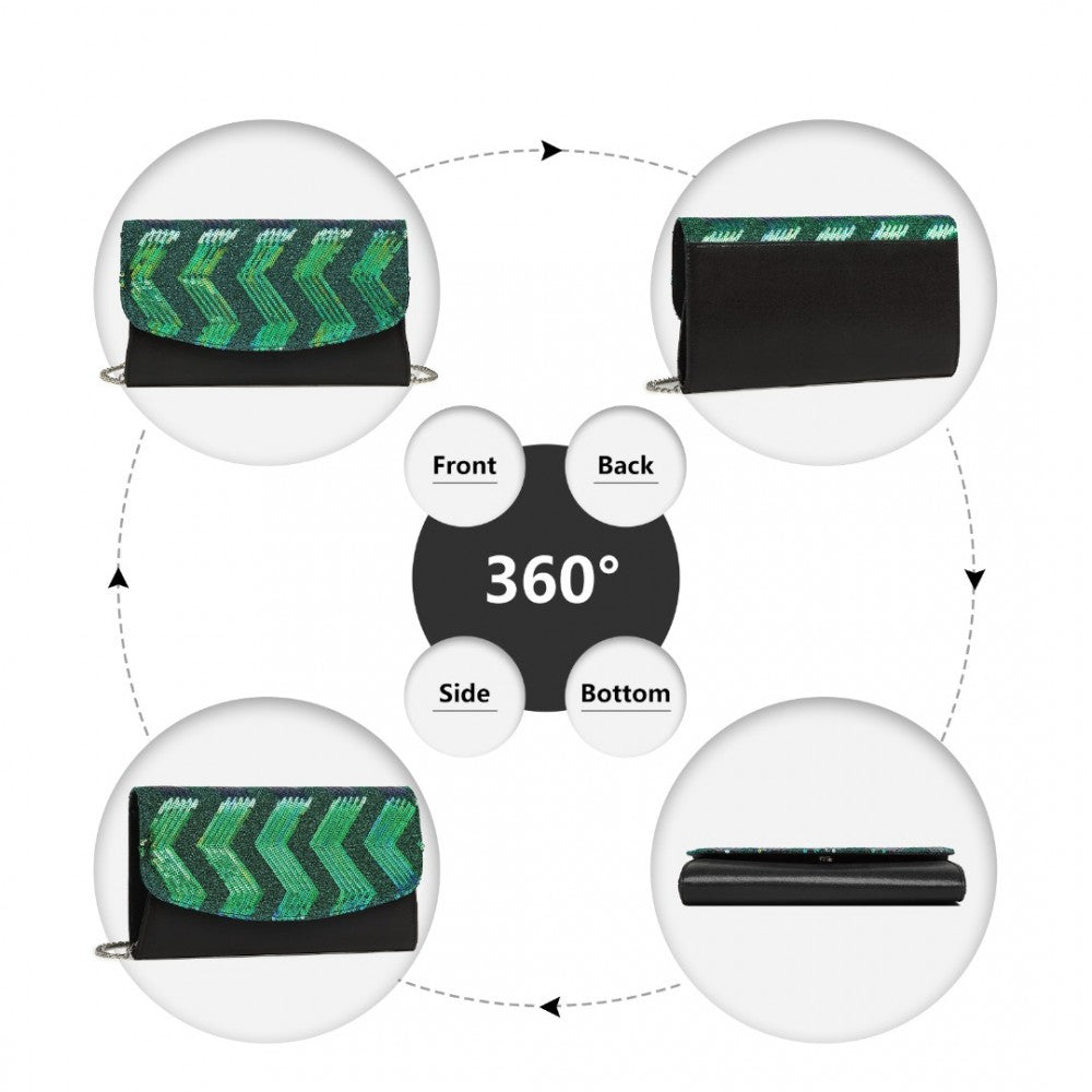 LP2311 - MISS LULU GORGEOUS SEQUINS EVENING CLUTCH BAG CHAIN SHOULDER BAG - BLACK AND GREEN - The Baggage Shop