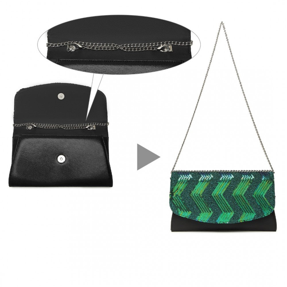 LP2311 - MISS LULU GORGEOUS SEQUINS EVENING CLUTCH BAG CHAIN SHOULDER BAG - BLACK AND GREEN - The Baggage Shop