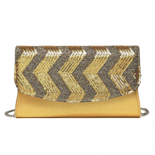 LP2311 - MISS LULU GORGEOUS SEQUINS EVENING CLUTCH BAG CHAIN SHOULDER BAG - GOLD - The Baggage Shop