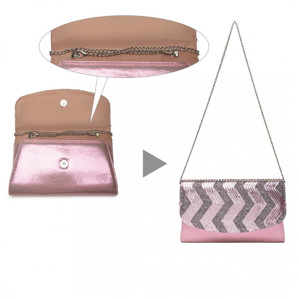 LP2311 - MISS LULU GORGEOUS SEQUINS EVENING CLUTCH BAG CHAIN SHOULDER BAG - PINK - The Baggage Shop