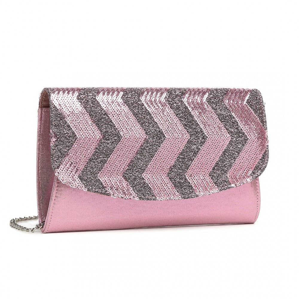 LP2311 - MISS LULU GORGEOUS SEQUINS EVENING CLUTCH BAG CHAIN SHOULDER BAG - PINK - The Baggage Shop