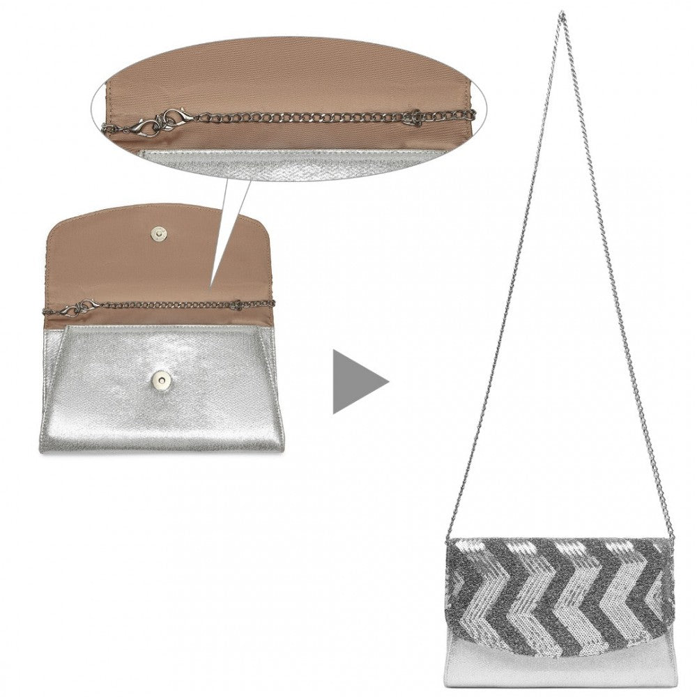 LP2311 - MISS LULU GORGEOUS SEQUINS EVENING CLUTCH BAG CHAIN SHOULDER BAG - SILVER - The Baggage Shop