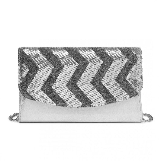 LP2311 - MISS LULU GORGEOUS SEQUINS EVENING CLUTCH BAG CHAIN SHOULDER BAG - SILVER - The Baggage Shop
