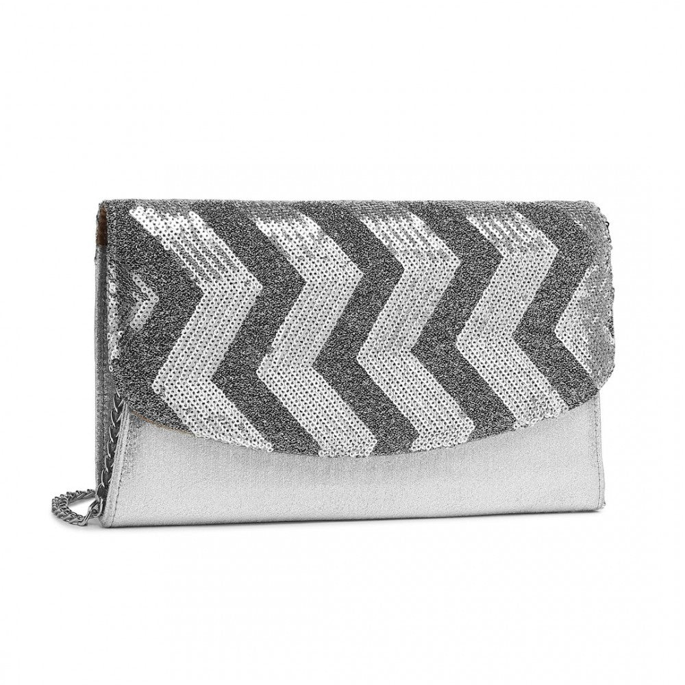 LP2311 - MISS LULU GORGEOUS SEQUINS EVENING CLUTCH BAG CHAIN SHOULDER BAG - SILVER - The Baggage Shop