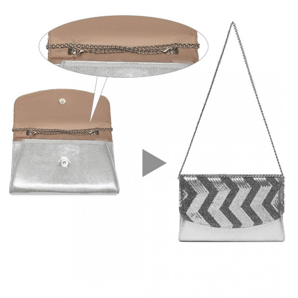 LP2311 - MISS LULU GORGEOUS SEQUINS EVENING CLUTCH BAG CHAIN SHOULDER BAG - SILVER - The Baggage Shop