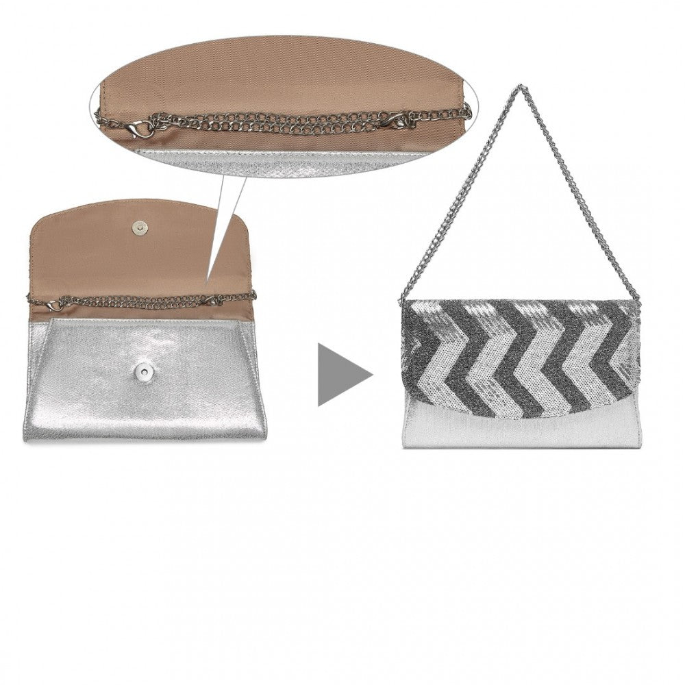 LP2311 - MISS LULU GORGEOUS SEQUINS EVENING CLUTCH BAG CHAIN SHOULDER BAG - SILVER - The Baggage Shop