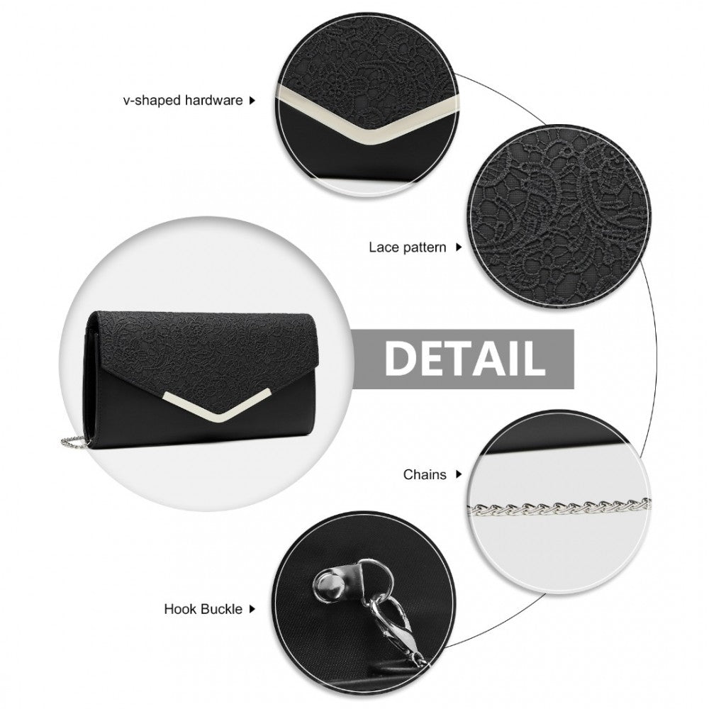 LP2312 - MISS LULU LACE ENVELOPE FLAP CLUTCH EVENING BAG - BLACK - The Baggage Shop
