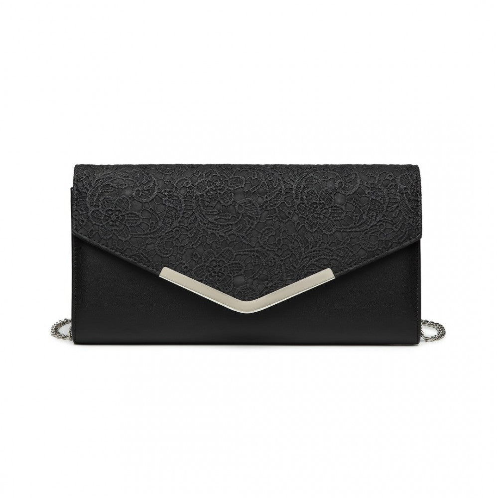 LP2312 - MISS LULU LACE ENVELOPE FLAP CLUTCH EVENING BAG - BLACK - The Baggage Shop
