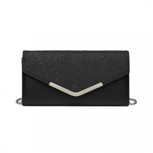 LP2312 - MISS LULU LACE ENVELOPE FLAP CLUTCH EVENING BAG - BLACK - The Baggage Shop