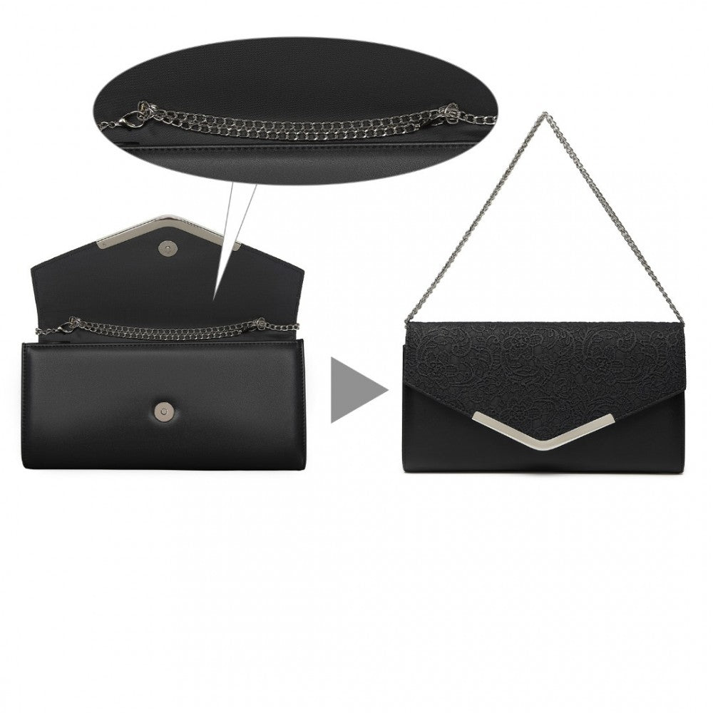 LP2312 - MISS LULU LACE ENVELOPE FLAP CLUTCH EVENING BAG - BLACK - The Baggage Shop