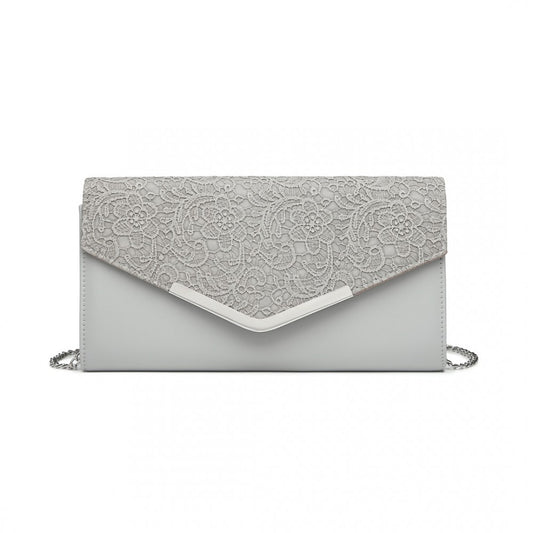 LP2312 - MISS LULU LACE ENVELOPE FLAP CLUTCH EVENING BAG - GREY - The Baggage Shop